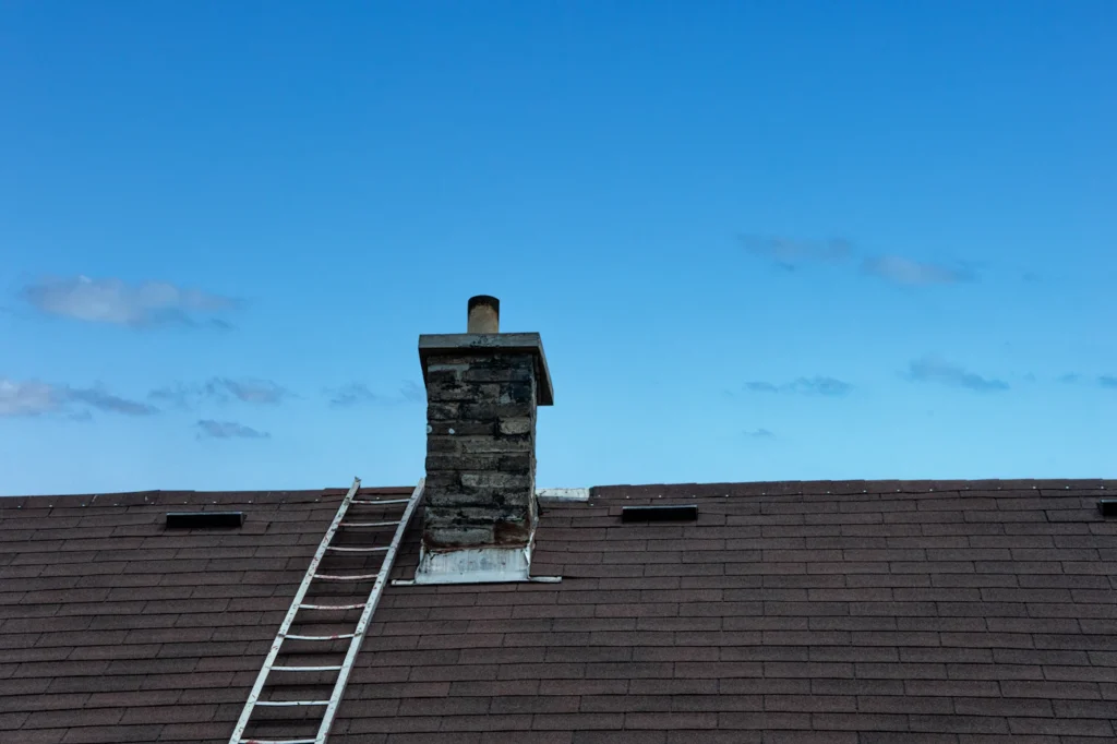 Chimney with metal flashing on a shingle roof