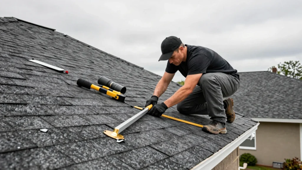 Roofer repairing shingles and flashing on a house roof