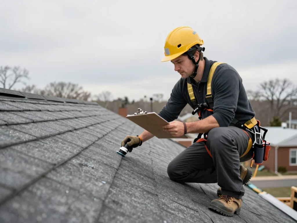 Roofer inspecting a roof surface and flashing