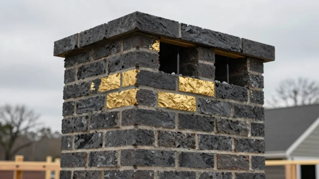 Brick chimney on a residential roof