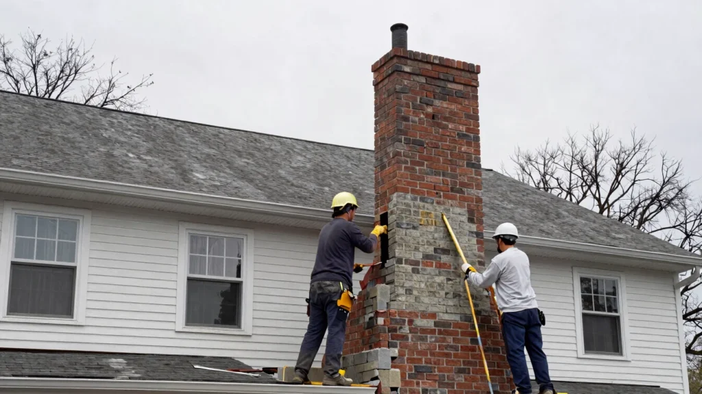Masonry crew rebuilding a brick chimney