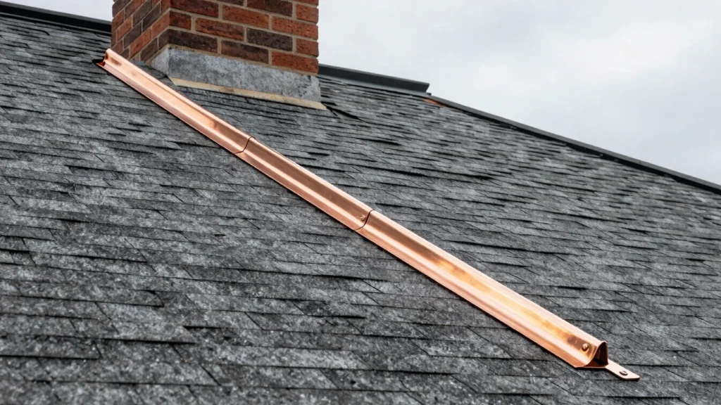 Step flashing at a chimney and shingle roof junction