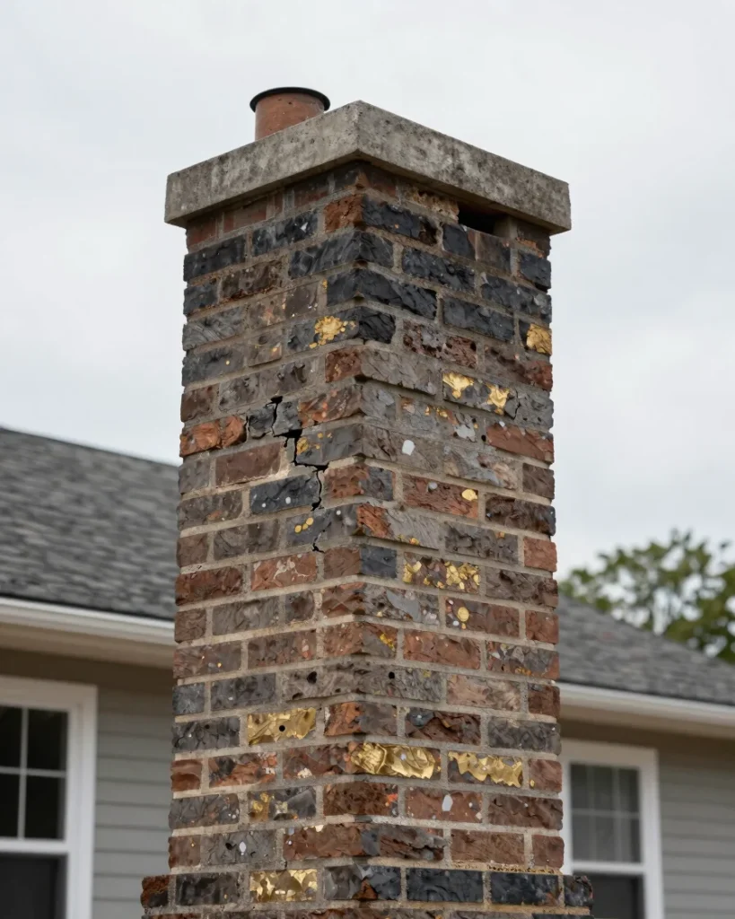 Weathered brick chimney with cracked mortar joints and a damaged crown