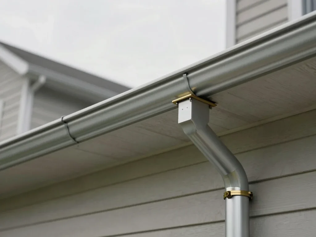 Newly installed gutters and downspout on a home