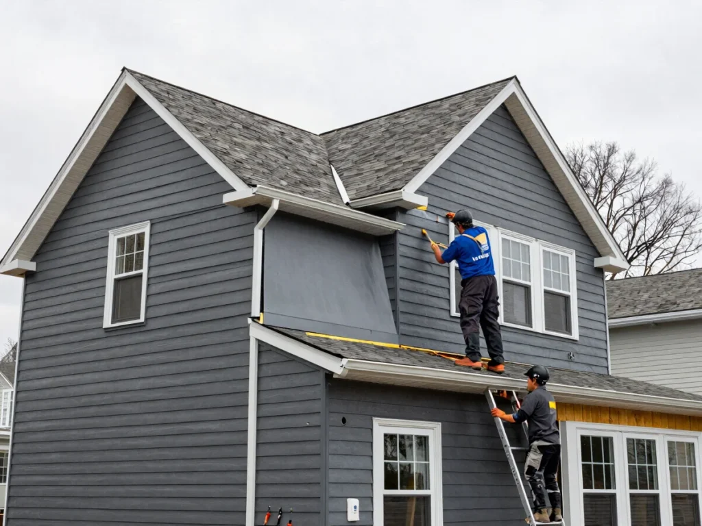 Crew installing siding on a house exterior