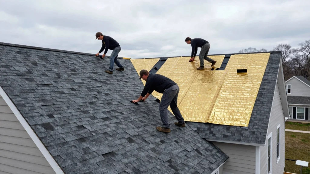 New roof installation with underlayment being laid on a home