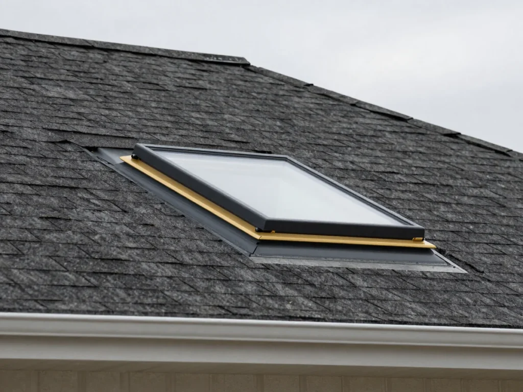Skylight installed in a dark shingle roof