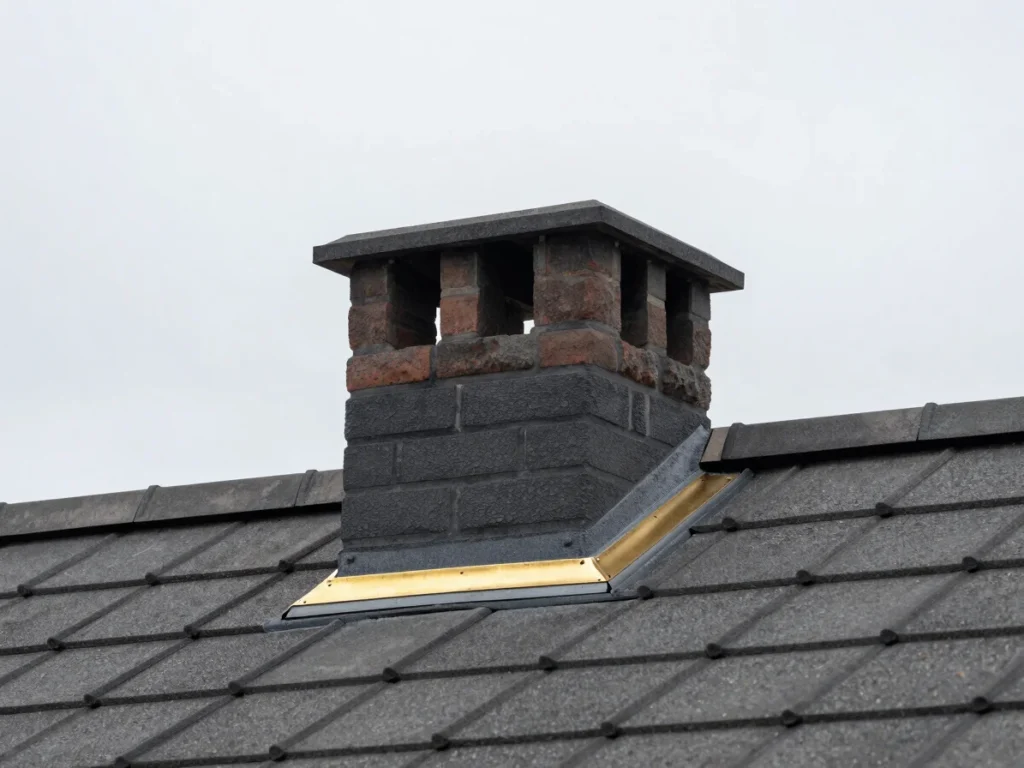 Step flashing installed around a brick chimney on a shingle roof