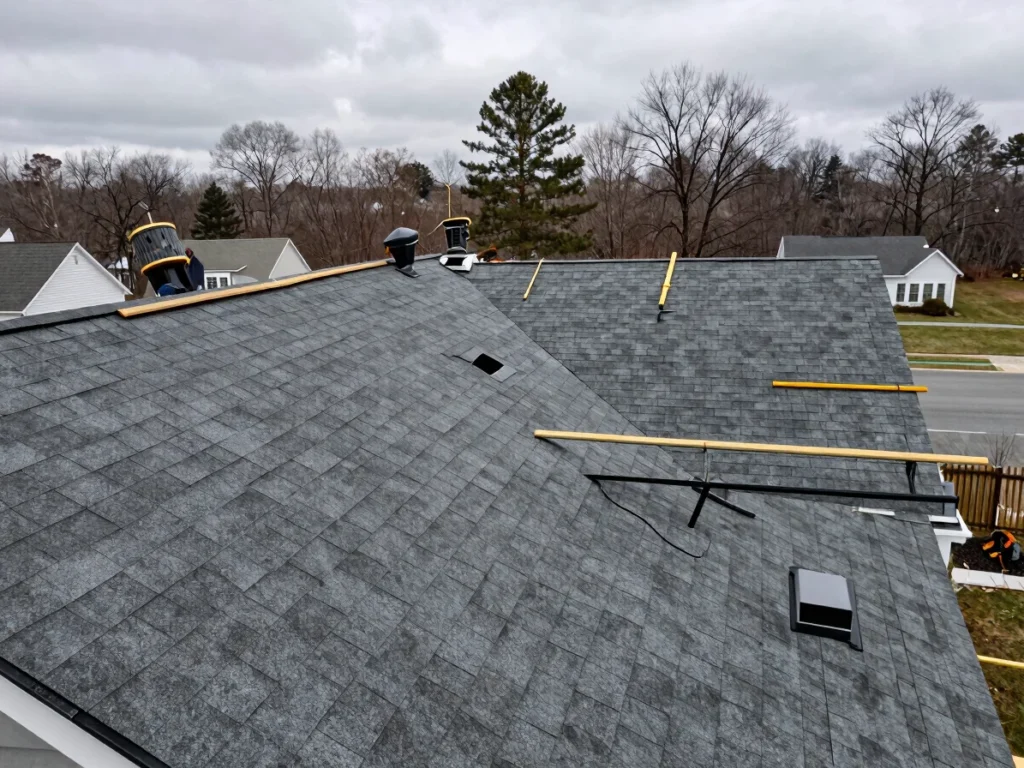 Close-up of asphalt shingles on a pitched roof