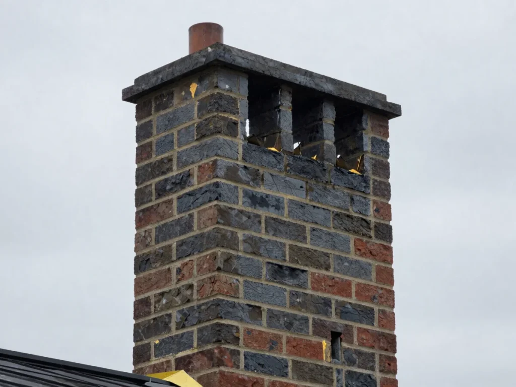 Brick chimney with new step flashing on a roof