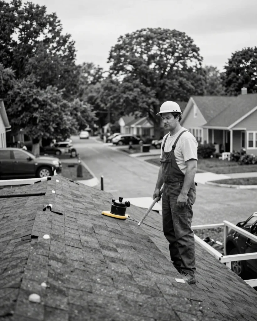 Roofing crew foreman beside an asphalt shingle roof in progress