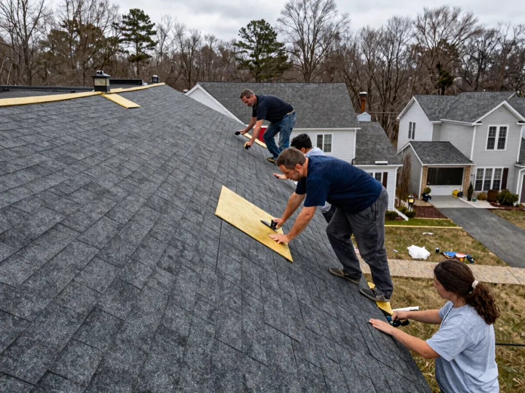 Crew installing new architectural asphalt shingles