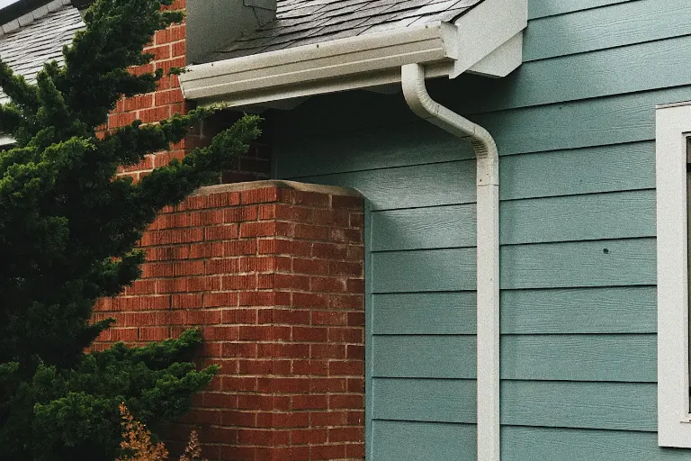 White gutter and downspout on a home with blue siding