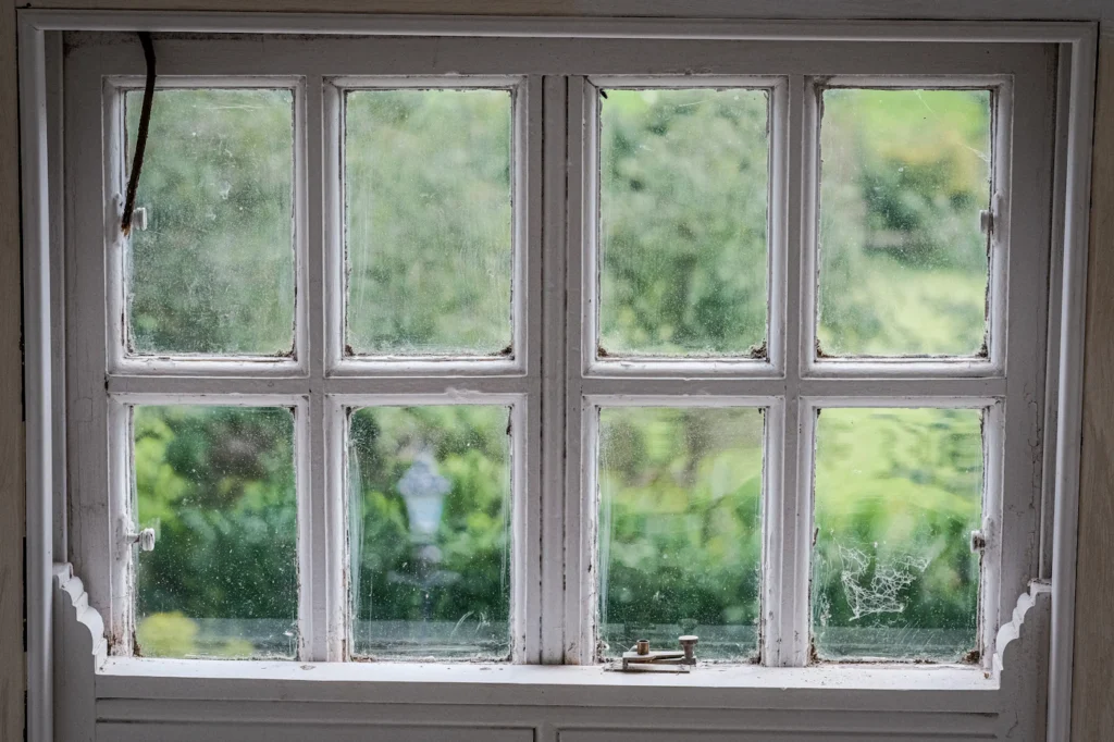 Multi-pane residential window looking out to trees