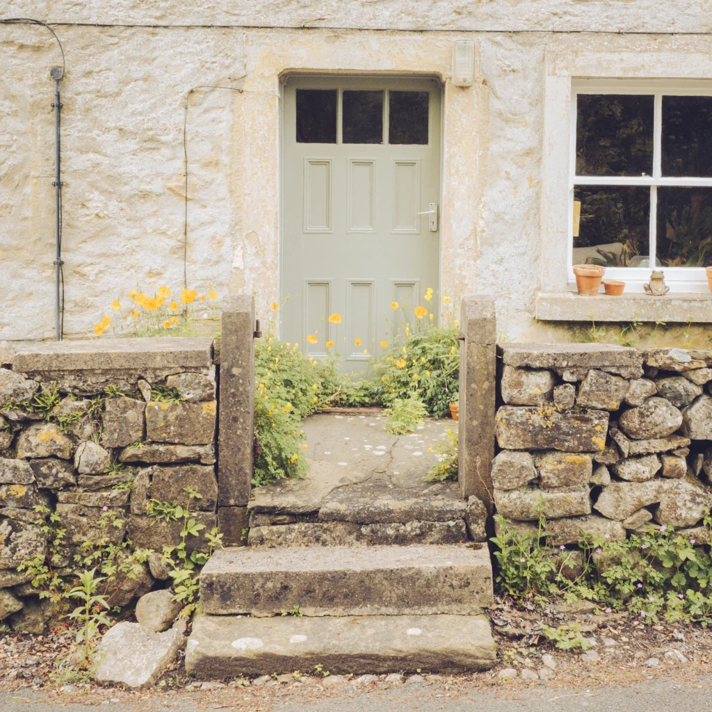 Stone steps leading through a garden